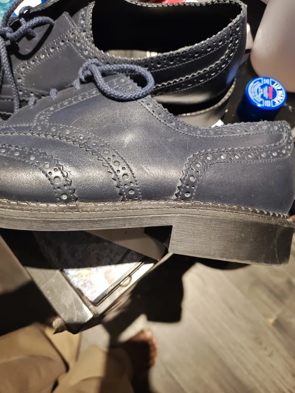 Men's Navy Leather Wingtip Derby Shoes - Classic Brogue Finish